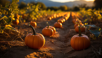 Naklejka na ściany i meble Autumn harvest pumpkin, gourd, and squash decorate Halloween night generated by AI