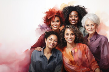 Diverse group of women smiling, happy women's day concept in watercolor style - obrazy, fototapety, plakaty