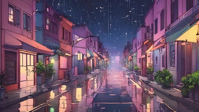 rain in a city at night. beautiful lofi rain and city lights. seamless looping overlay 4k virtual video animation background, rain ambience, seamless ambience, 4k raining ambience, ai generative 
