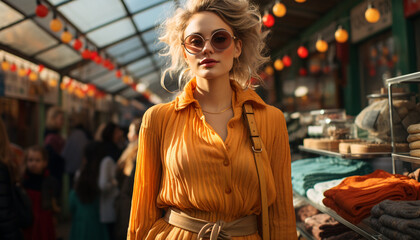 Obraz premium A fashionable young woman smiling, shopping for clothing outdoors generated by AI