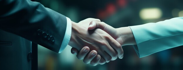 Two people connect with a firm handshake, their wrists and fingers are intertwined as they hold hands, thumbs touching, a symbol of trust and camaraderie, an accessory to clothing. Business, deal made - obrazy, fototapety, plakaty