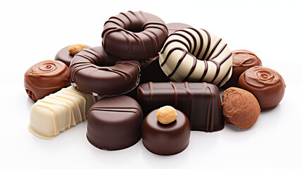  multiple pieces of chocolate stacked together in the center against a white background.