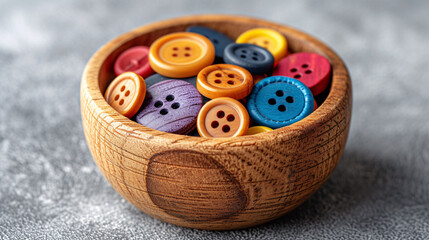 Close up of wooden bowl of multicolored buttons for sewing and embroidery. Set of materials for handcraft, making of bijouterie and accessories. White background, copy space.