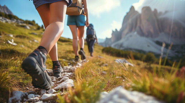 Group of Hikers Trekking Rocky Trail in Mountains