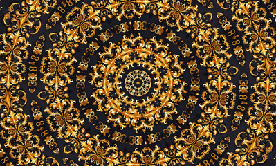 vector illustration, golden symmetrical patterns, golden mandala, golden kaleidoscope, fantasy mystical ornaments, 
