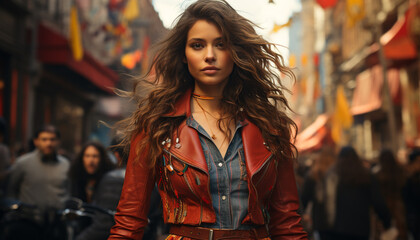 Obraz premium A young woman, confident and stylish, walking in the city generated by AI