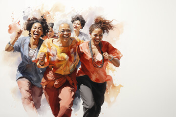 Cheerful women enjoying a carefree moment of happiness in a diverse and inclusive community. Women's day concept with an expressive watercolor style illustration - 730345107