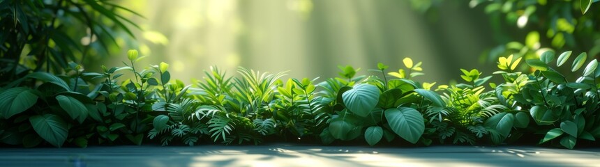 Lush greenery illuminated by soft sunlight in a serene natural environment during the early hours of the morning