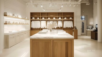 Modern retail space with stylish wooden fixtures and bright lighting. perfect for luxury boutiques. elegant design. AI