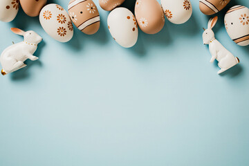 Hand painted Easter eggs and bunny decorations on pastel blue background. Happy Easter concept.