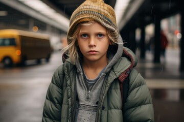 Portrait of a teenage boy in a winter jacket and hat.