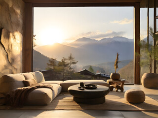 Generative KI wabi sabi wohnzimmer mit couches und großem Fenster bei Sonnenaufgang mit Bergen im Hintergrund