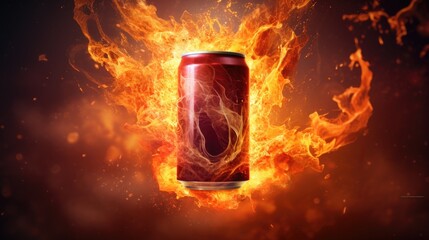 A powerful portrayal of an energy drink can in the midst of a dynamic explosion, fiery energy radiating outward