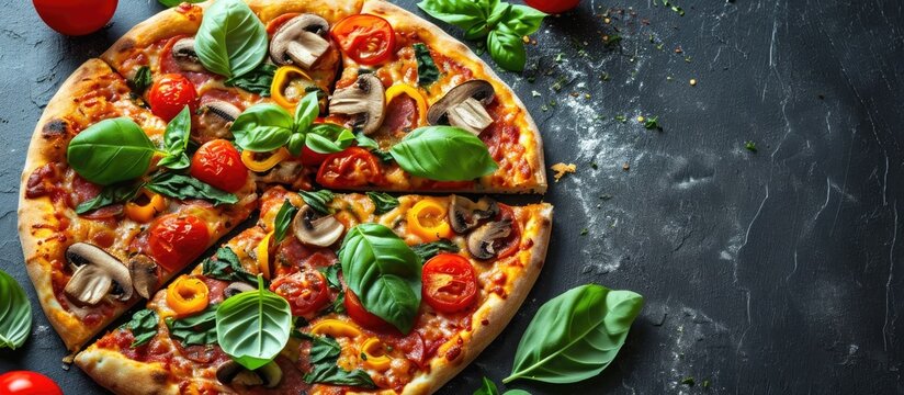 Nutritious vegan pizza with sliced veggies and mushrooms.