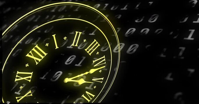 Animation of clock, binary coding and financial data processing