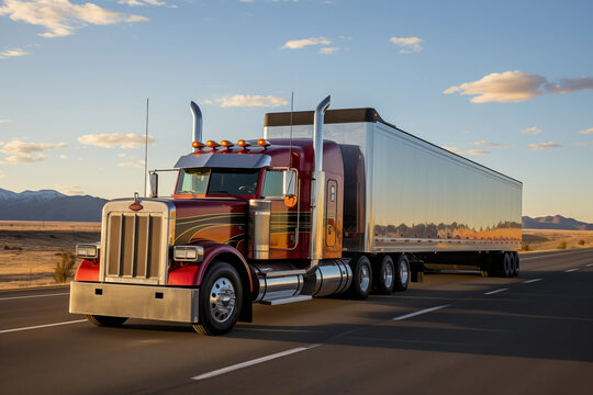 Trailer truck moving on highway. Generative AI