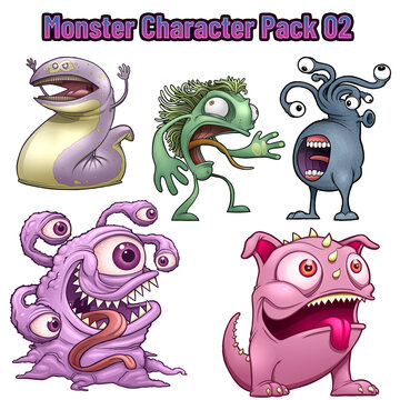 Monster Character Pack 01 - 5 Monsters! A pink and yellow slug, A screming green lizard, a blue googly eyed yelling, a pink dog type monster, and a happy multi-eyed chewing gum monster!