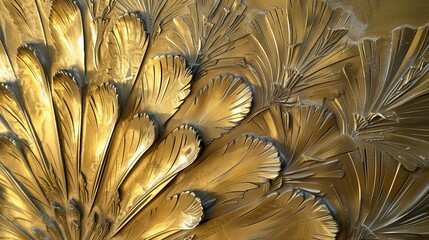 A close-up of a golden, crystalline structure with feather-like patterns