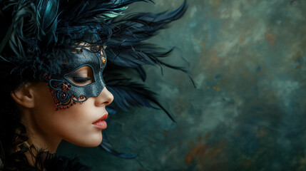 Mysterious woman in feathered masquerade mask with artistic makeup - 730346178