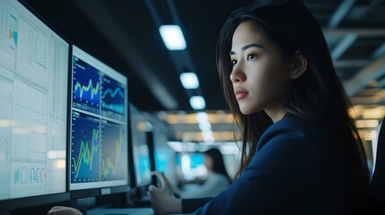 Professional woman working late at tech company, analyzing data on multiple computer screens. office workplace scenario. AI