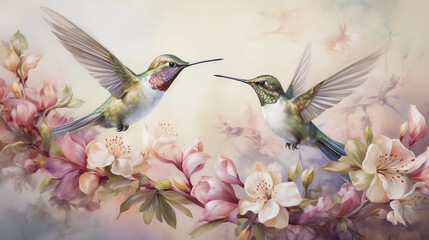 Abstract art of hummingbirds with floral