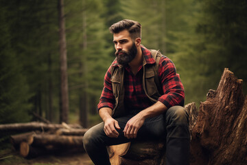 Naklejka na ściany i meble Man lumberjack wearing classic plaid shirt. Generative AI