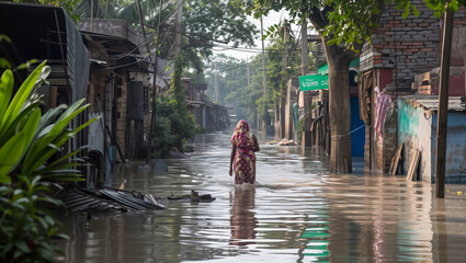 Residents of Bangladesh coping with the aftermath of a cyclone, navigating flooded streets and damaged homes
