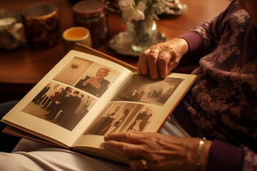 Closeup unrecognizable old woman holding photo album in hands. Generative AI