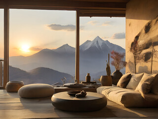Generative KI wabi sabi wohnzimmer mit couches und großem Fenster bei Sonnenaufgang mit Bergen im Hintergrund