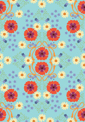 Fototapeta premium Fowers and leaves in vintage style, seamless pattern. 