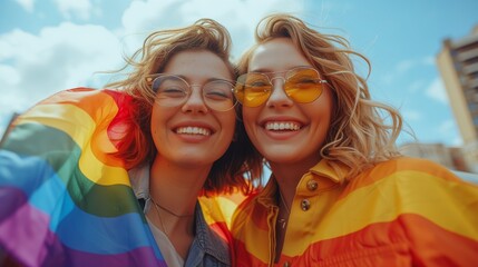 Portrait of happy lesbian lgbtq couple in love with Rainbow flag