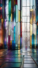This image captures the vibrant colors and complex patterns of a close-up section of a stained glass window, showcasing the craftsmanship involved.