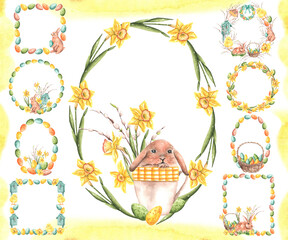 Easter watercolor card. Easter frame, wreath, border, illustration. Spring religious holiday. Traditions. Happy Easter! For printing on greeting cards, invitations, stickers.