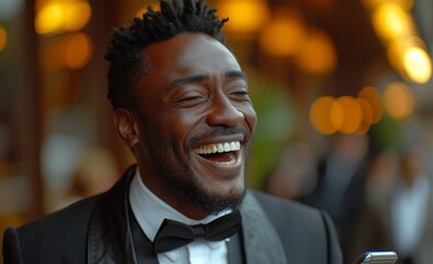 Man in tuxedo enjoys an evening event, sharing a joyful moment while engaged with a smartphone in a beautifully lit setting