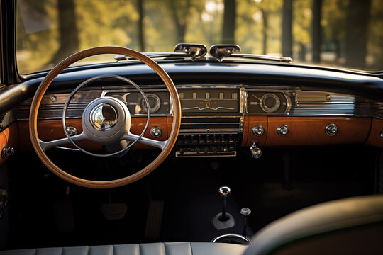 Steering wheel and cabin interior of stylish vintage car. Generative AI