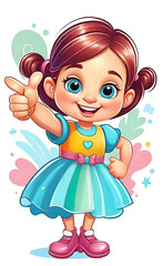 vector illustration, funny cheerful flat logo of girl holding thumbs up (like), isolated on white background, color children's drawing for illustration, sticker, background for smartphone,
