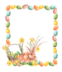 Easter traditions watercolor frame, border, illustration. Easter bunny, basket, eggs, willow, daffodils. Spring religious holiday. Happy Easter! For printing on greeting cards, invitations, stickers.