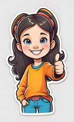 vector illustration, funny cheerful flat logo of girl holding thumbs up (like), isolated on white background, color children's drawing for illustration, sticker, background for smartphone,
