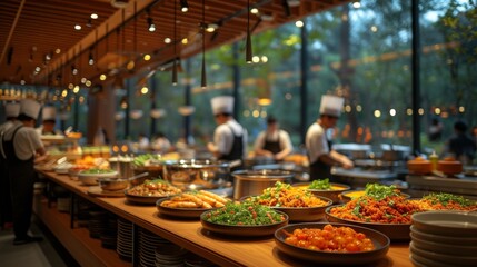 Buffet restaurant showcases vibrant dishes prepared by chefs in an inviting dining space during an evening service