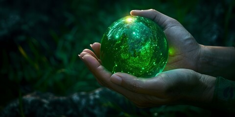 Mystical green orb cradled in hands amidst dark forest. symbol of magic, power, and mystery. perfect for fantasy concepts. AI