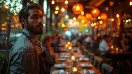 Obraz premium Evening ambiance with a waiter in a cozy restaurant filled with warm lights and patrons enjoying their meals