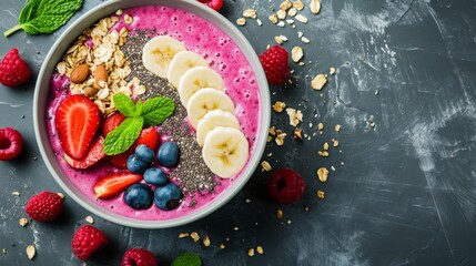 Smoothie bowl, with a focus on the rich and vivid colors of the ingredients, The overhead angle creates a flat lay composition