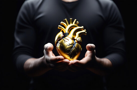 Gold Anatomical human Heart. Anatomy and medicine concept image. Hands hold tightly a golden anatomical heart, black background, cardiac surgeon, heart surgery. Healthcare concept, harm of smoking