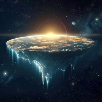 Flat earth theory concept with a cloudy, charming and stunning fantasy appearance complete with winter textures, great for advertising, blogs, social media, etc. Generative Ai