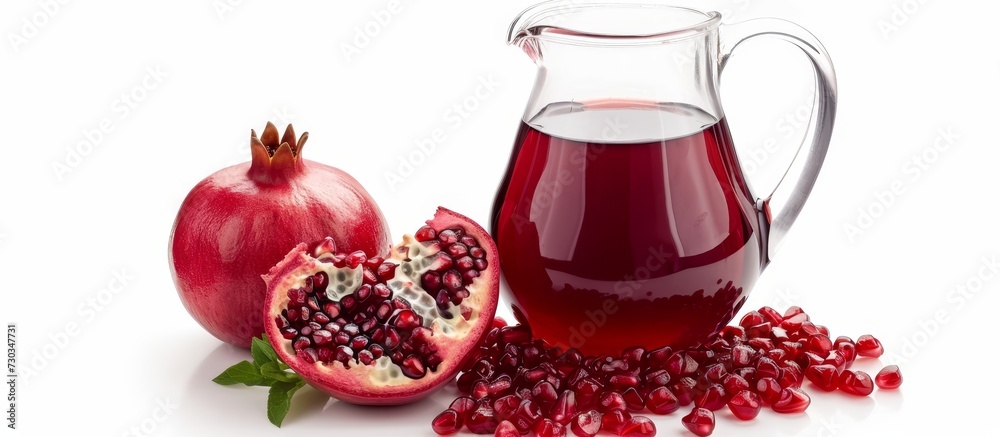 Poster poured pomegranate juice in a glass pitcher isolated on a white background.