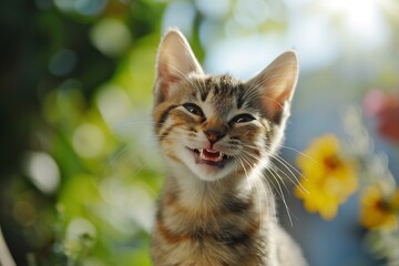 Naklejka na ściany i meble Beautiful kitten, sweetly smiling with joy. Sweet wallpaper, background colored brightly.