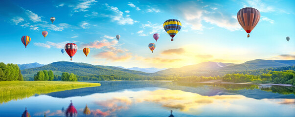 Beautiful wallpaper with hot air balloons on a blue morning sky, mountain lake and forest landscape background. Great mood and travel concept. AI generated illustration.
