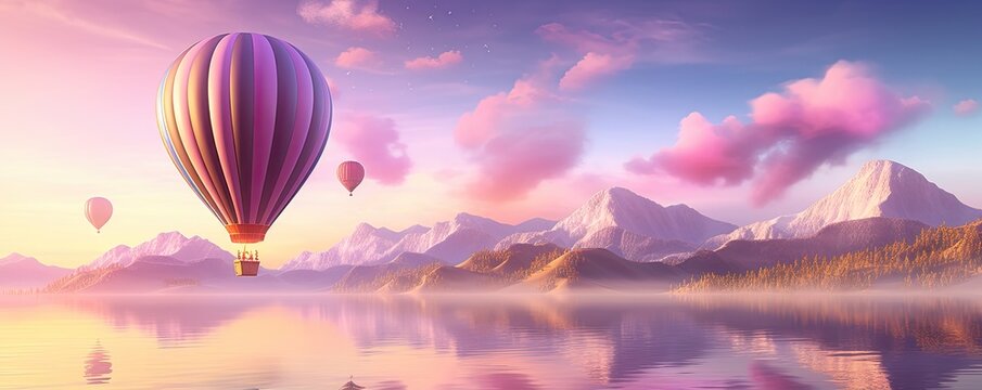 Beautiful magical fairytale wallpaper with hot air balloon on pink morning sky and mountain lake background. AI generated illustration.