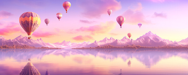 Obraz premium Calming wallpaper with hot air balloons on pink morning sky and mountain lake background. AI generated illustration.