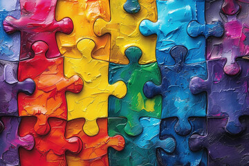 A close-up of a colorful jigsaw puzzle with a rainbow of pieces. - obrazy, fototapety, plakaty